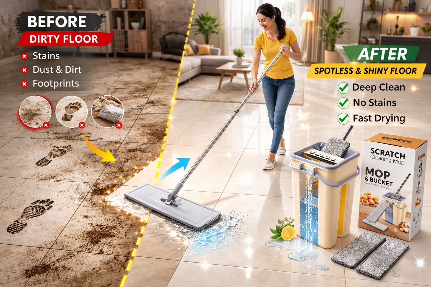Flat Mop and Bucket Set with 360° Rotating Head | Self-Wringing Hands-Free System | 2 Reusable Microfiber Pads | Wet & Dry Floor Cleaning | For Home, Kitchen, Bathroom & Office