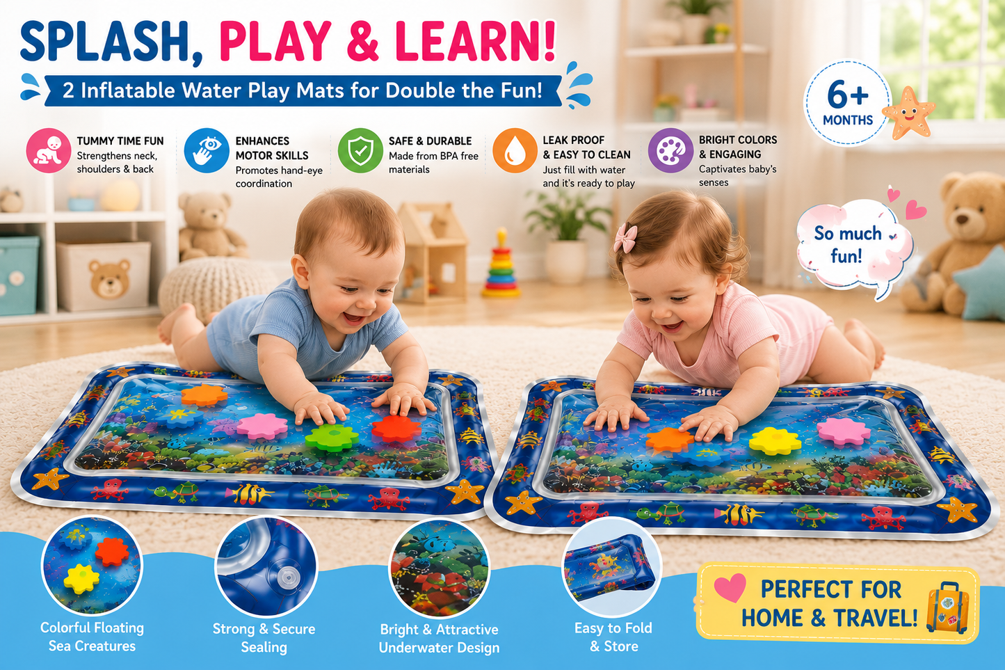 Inflatable Baby Water Play Mat for Tummy Time | Leak-Proof Sensory Activity Mat for Infants & Toddlers (3-12 Months) | Portable & Durable