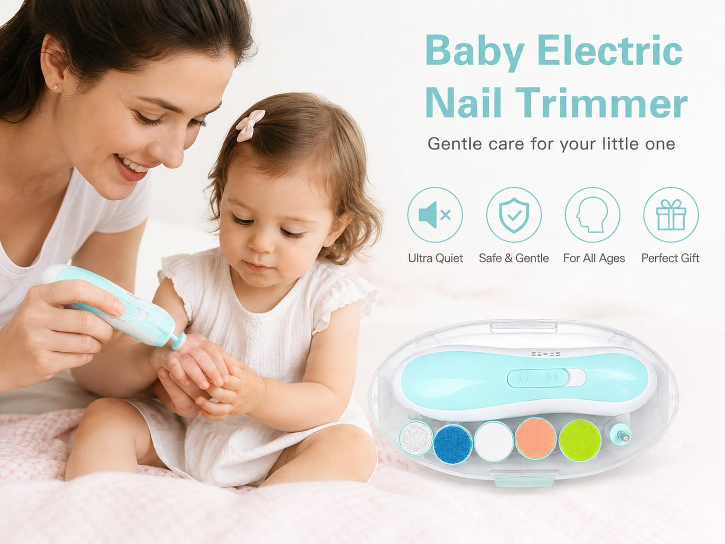 Electric Baby Nail Trimmer for Newborns Toddlers Infants | 6 Grinding Heads LED Light Ultra Quiet Motor | USB Rechargeable Safe Baby Nail File Kit | Prevents Cuts Scratches | White