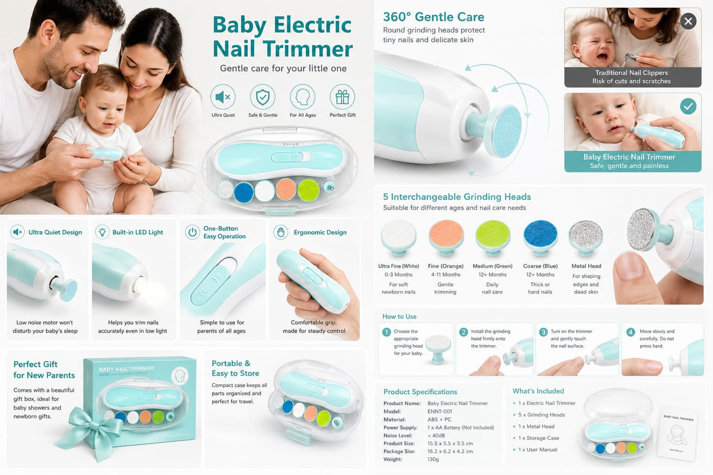 Electric Baby Nail Trimmer for Newborns Toddlers Infants | 6 Grinding Heads LED Light Ultra Quiet Motor | USB Rechargeable Safe Baby Nail File Kit | Prevents Cuts Scratches | White