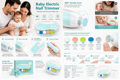 Electric Baby Nail Trimmer for Newborns Toddlers Infants | 6 Grinding Heads LED Light Ultra Quiet Motor | USB Rechargeable Safe Baby Nail File Kit | Prevents Cuts Scratches | White