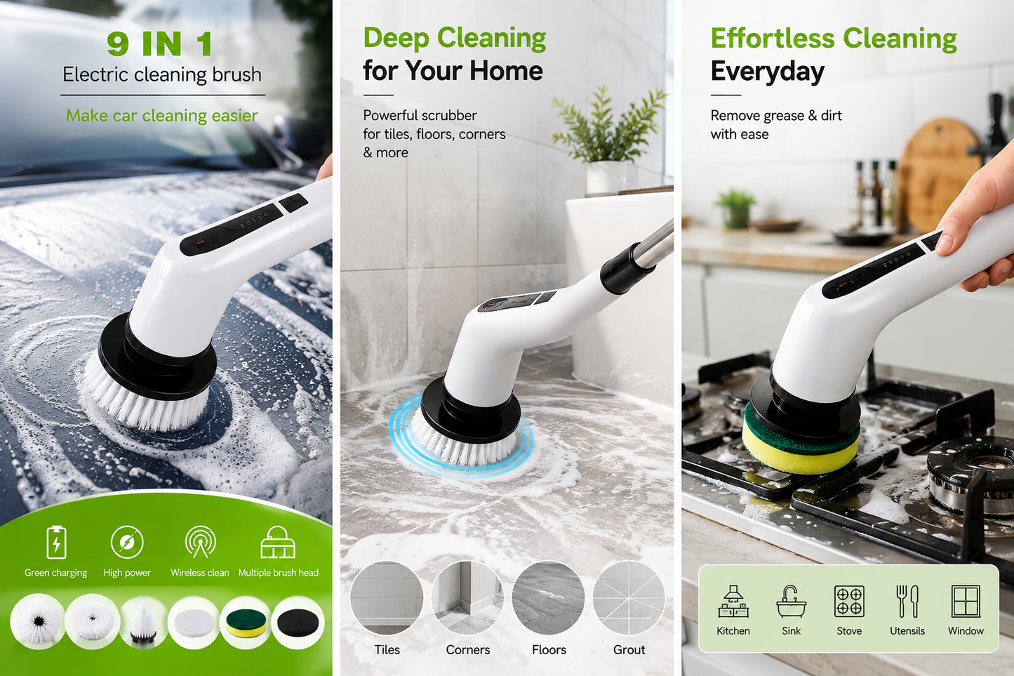 Electric Spin Scrubber 9-in-1 | Cordless Rechargeable Power Scrubber with Adjustable Long Handle | Bathroom Cleaner Brush for Floor, Tiles, Kitchen, Grout, Wall, Window & Car Cleaning