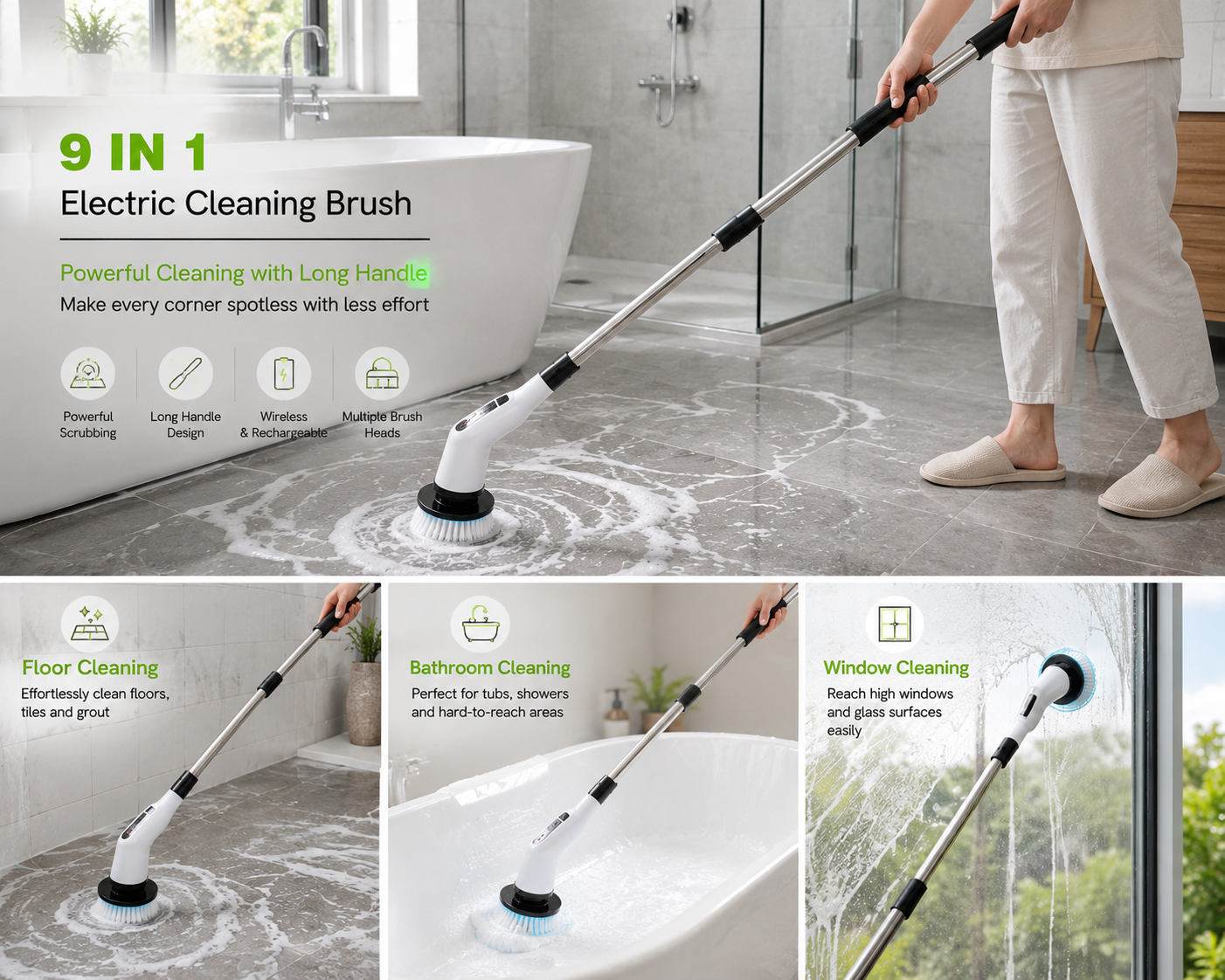 Electric Spin Scrubber 9-in-1 | Cordless Rechargeable Power Scrubber with Adjustable Long Handle | Bathroom Cleaner Brush for Floor, Tiles, Kitchen, Grout, Wall, Window & Car Cleaning