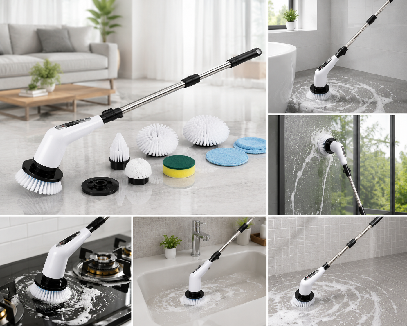 Electric Spin Scrubber 9-in-1 | Cordless Rechargeable Power Scrubber with Adjustable Long Handle | Bathroom Cleaner Brush for Floor, Tiles, Kitchen, Grout, Wall, Window & Car Cleaning