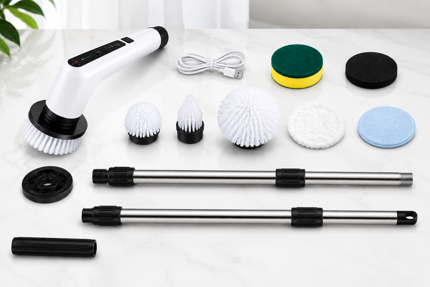 Electric Spin Scrubber 9-in-1 | Cordless Rechargeable Power Scrubber with Adjustable Long Handle | Bathroom Cleaner Brush for Floor, Tiles, Kitchen, Grout, Wall, Window & Car Cleaning