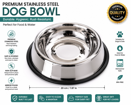 Premium Stainless Steel Dog Bowl 900ml | Non-Slip Base | Rust-Free Food Grade Pet Bowl for Dogs & Cats | Durable & Easy to Clean