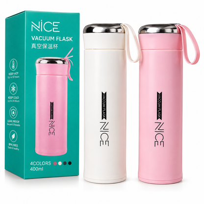 Vacuum Insulated Glass Water Bottle 400ml (Pack of 2) | Stainless Steel Flask | Leak Proof | Keeps Hot & Cold 24 Hours | Pink