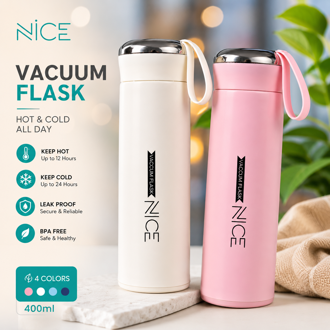 Vacuum Insulated Glass Water Bottle 400ml (Pack of 2) | Stainless Steel Flask | Leak Proof | Keeps Hot & Cold 24 Hours | Pink