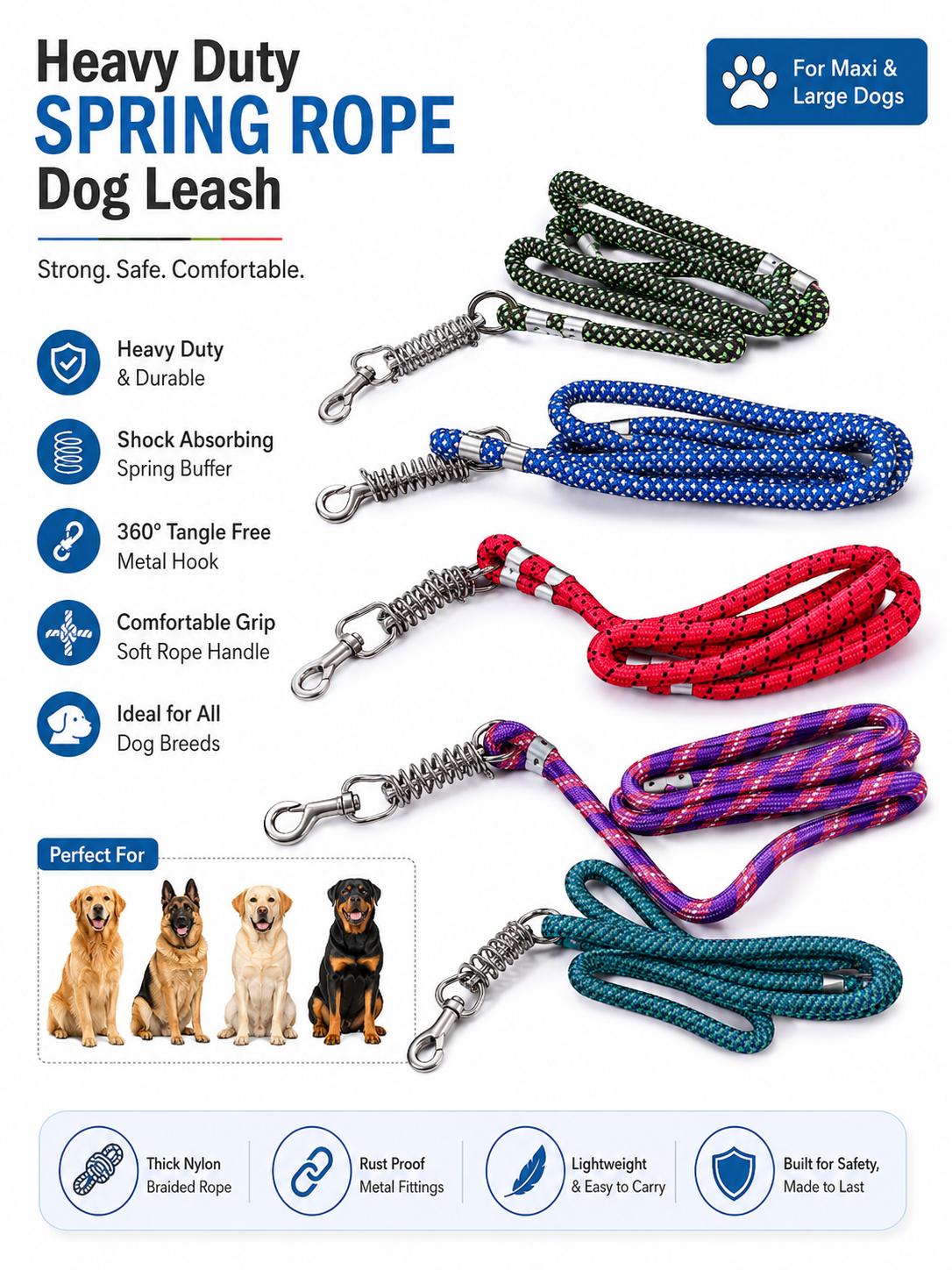Heavy Duty Dog Leash with Shock Absorbing Spring | 360° Tangle-Free Metal Hook | Strong Nylon Training Leash for Large Dogs | 1.5 Meter