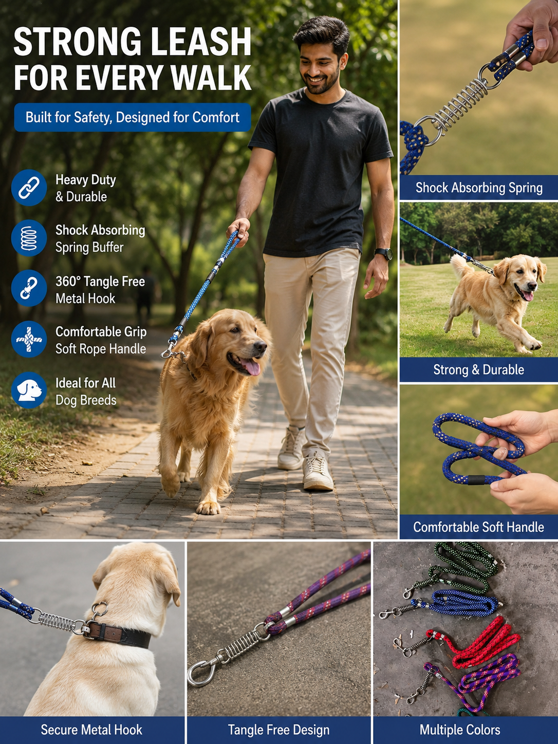 Heavy Duty Dog Leash with Shock Absorbing Spring | 360° Tangle-Free Metal Hook | Strong Nylon Training Leash for Large Dogs | 1.5 Meter