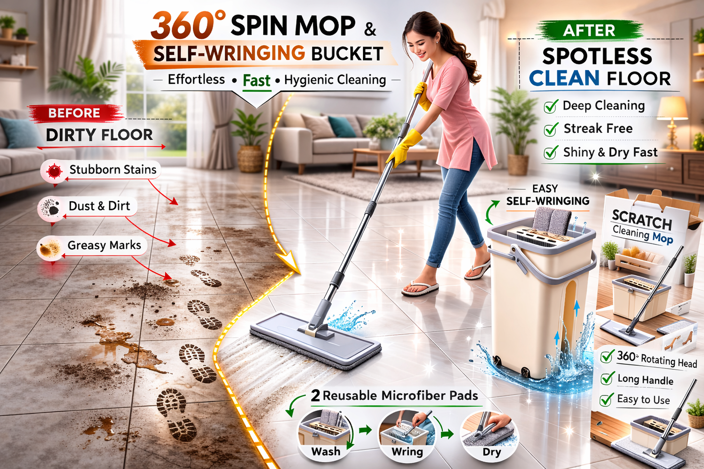 Flat Mop and Bucket Set with 360° Rotating  Head | Self-Wringing Hands-Free System |  2 Reusable Microfiber Pads | Wet & Dry  Floor Cleaning | For Home, Kitchen,  Bathroom & Office