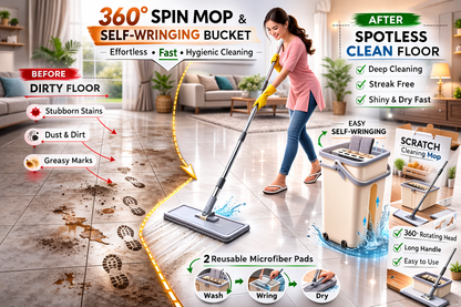 Flat Mop and Bucket Set with 360° Rotating  Head | Self-Wringing Hands-Free System |  2 Reusable Microfiber Pads | Wet & Dry  Floor Cleaning | For Home, Kitchen,  Bathroom & Office