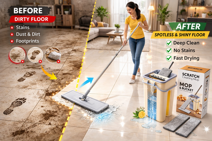 Flat Mop and Bucket Set with 360° Rotating  Head | Self-Wringing Hands-Free System |  2 Reusable Microfiber Pads | Wet & Dry  Floor Cleaning | For Home, Kitchen,  Bathroom & Office