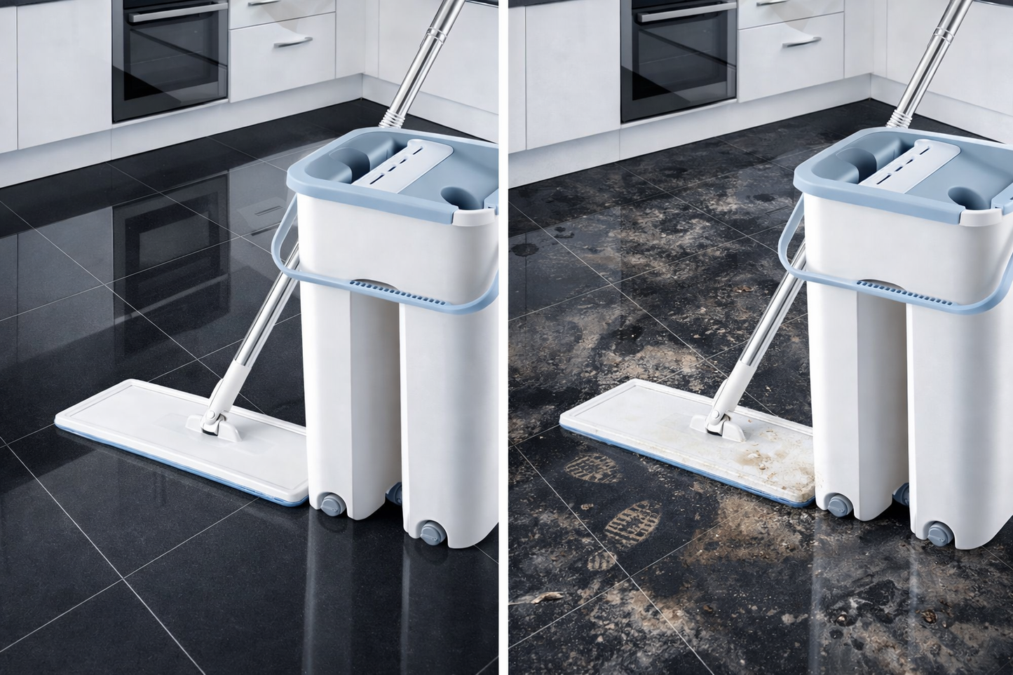 Flat Mop and Bucket Set with 360° Rotating  Head | Self-Wringing Hands-Free System |  2 Reusable Microfiber Pads | Wet & Dry  Floor Cleaning | For Home, Kitchen,  Bathroom & Office