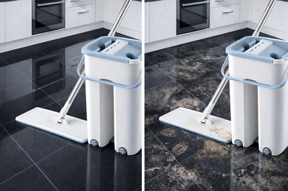 Flat Mop and Bucket Set with 360° Rotating  Head | Self-Wringing Hands-Free System |  2 Reusable Microfiber Pads | Wet & Dry  Floor Cleaning | For Home, Kitchen,  Bathroom & Office
