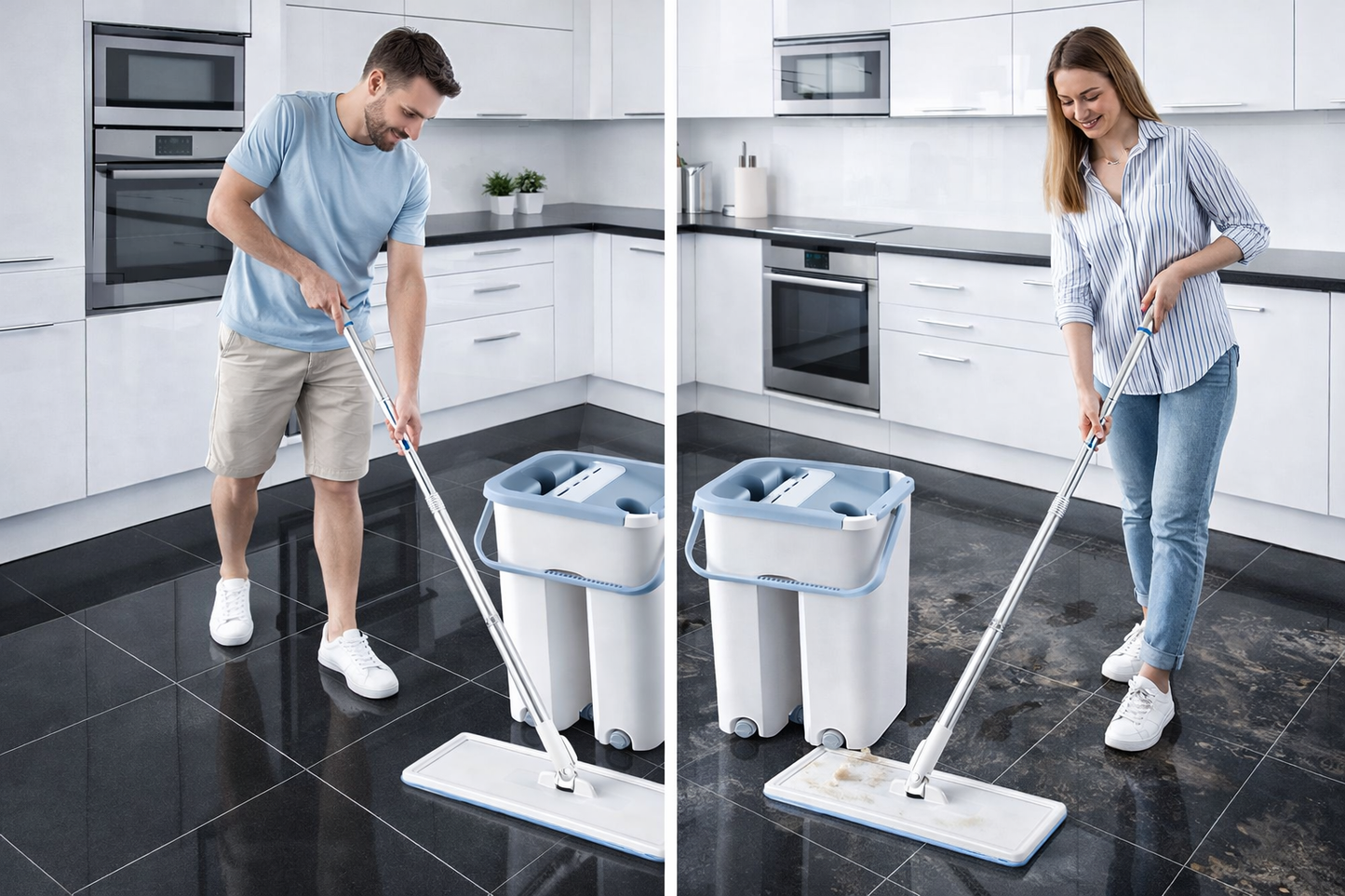 Flat Mop and Bucket Set with 360° Rotating  Head | Self-Wringing Hands-Free System |  2 Reusable Microfiber Pads | Wet & Dry  Floor Cleaning | For Home, Kitchen,  Bathroom & Office
