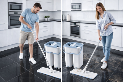 Flat Mop and Bucket Set with 360° Rotating  Head | Self-Wringing Hands-Free System |  2 Reusable Microfiber Pads | Wet & Dry  Floor Cleaning | For Home, Kitchen,  Bathroom & Office