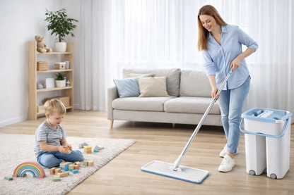 Flat Mop and Bucket Set with 360° Rotating  Head | Self-Wringing Hands-Free System |  2 Reusable Microfiber Pads | Wet & Dry  Floor Cleaning | For Home, Kitchen,  Bathroom & Office
