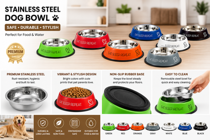 Stainless Steel Dog Bowl 900ML |  Non-Slip Rubber Base | Rust Resistant |  Food & Water Feeding Bowl for Dogs &  Puppies | Multi Color | Pack of 1