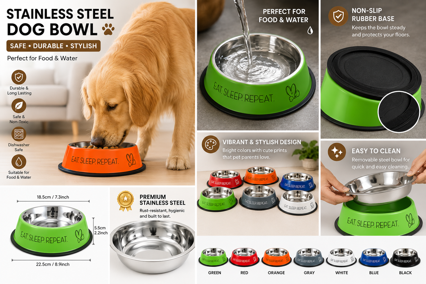 Stainless Steel Dog Bowl 900ML |  Non-Slip Rubber Base | Rust Resistant |  Food & Water Feeding Bowl for Dogs &  Puppies | Multi Color | Pack of 1