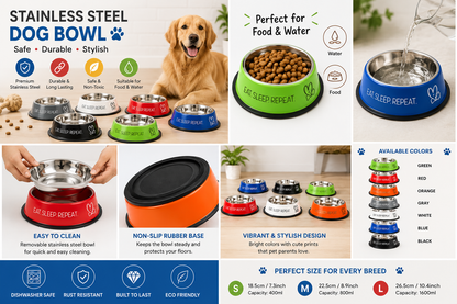 Stainless Steel Dog Bowl 900ML |  Non-Slip Rubber Base | Rust Resistant |  Food & Water Feeding Bowl for Dogs &  Puppies | Multi Color | Pack of 1