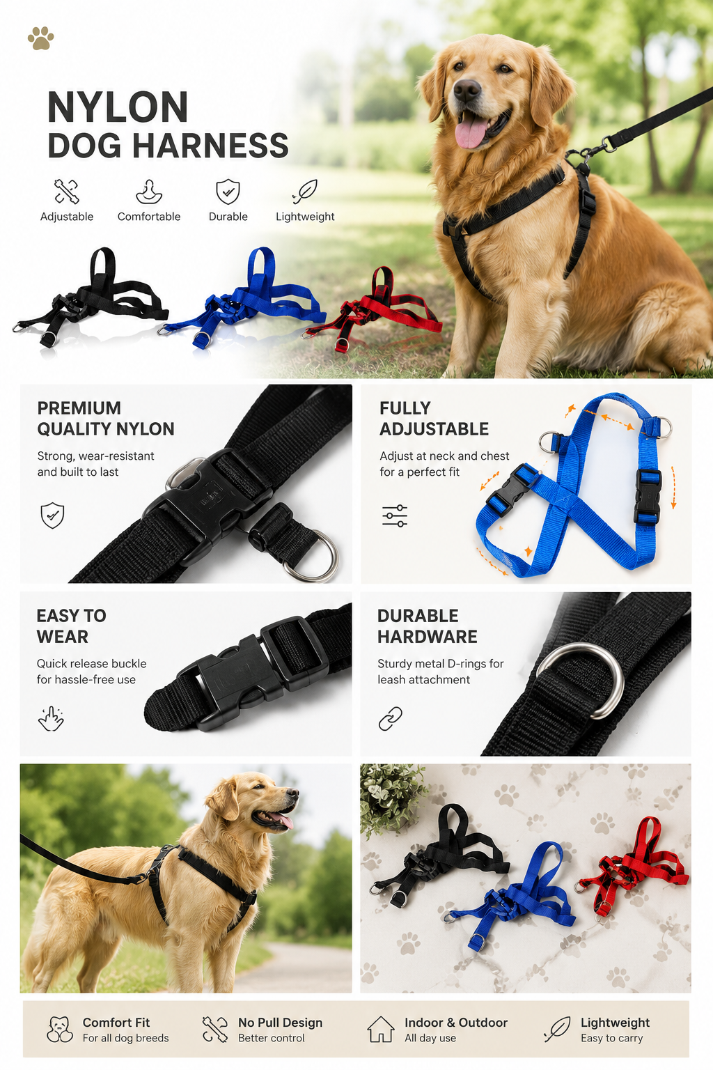 No Pull Dog Harness for Medium Dogs | Adjustable Premium Pet Harness | Quick Release Buckle | Metal D-Ring | Reflective | Comfortable Walking Harness | Size M