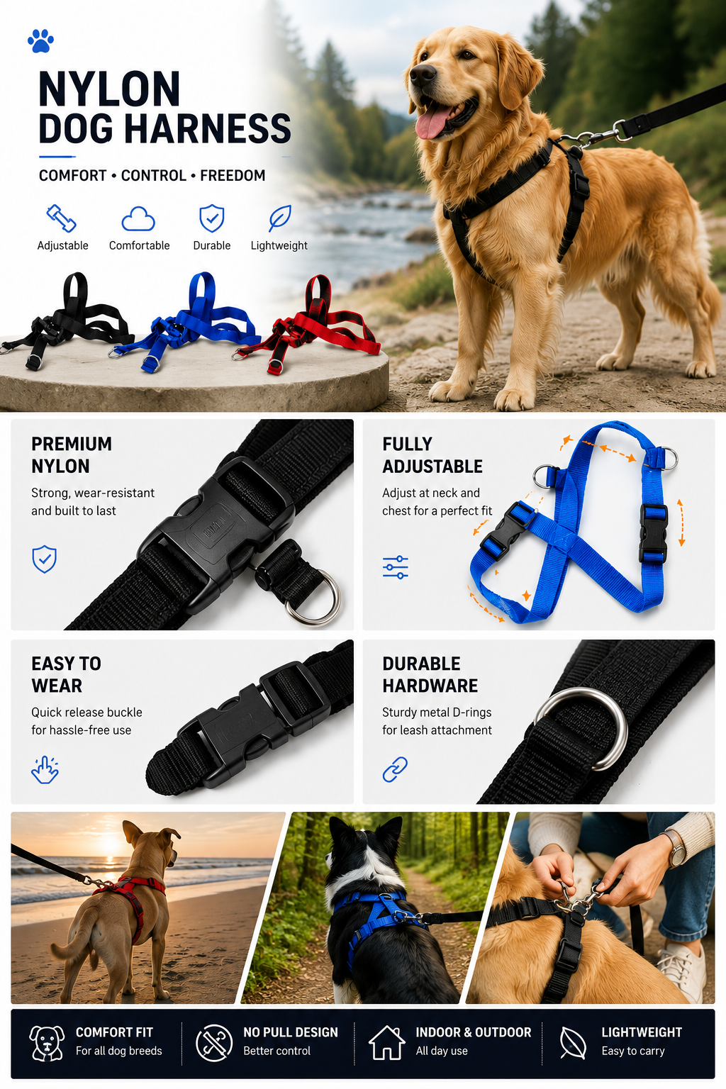No Pull Dog Harness for Medium Dogs | Adjustable Premium Pet Harness | Quick Release Buckle | Metal D-Ring | Reflective | Comfortable Walking Harness | Size M