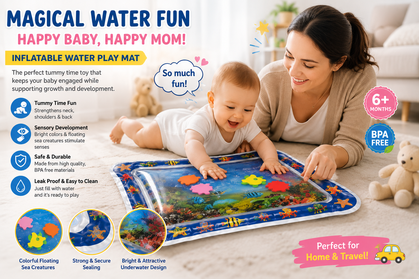 Inflatable Baby Water Play Mat for Tummy Time | Leak-Proof Sensory Activity Mat for Infants & Toddlers (3-12 Months) | Portable & Durable