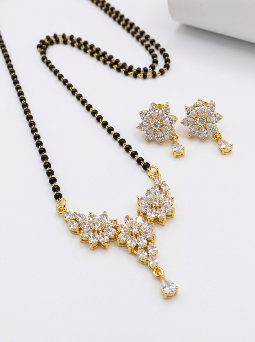 American Diamond Mangalsutra Set with  Earrings | CZ Stone Floral Design |  Gold Plated Chain | Traditional & Modern  Look | Perfect for Daily Wear & Special  Occasions | Free Size