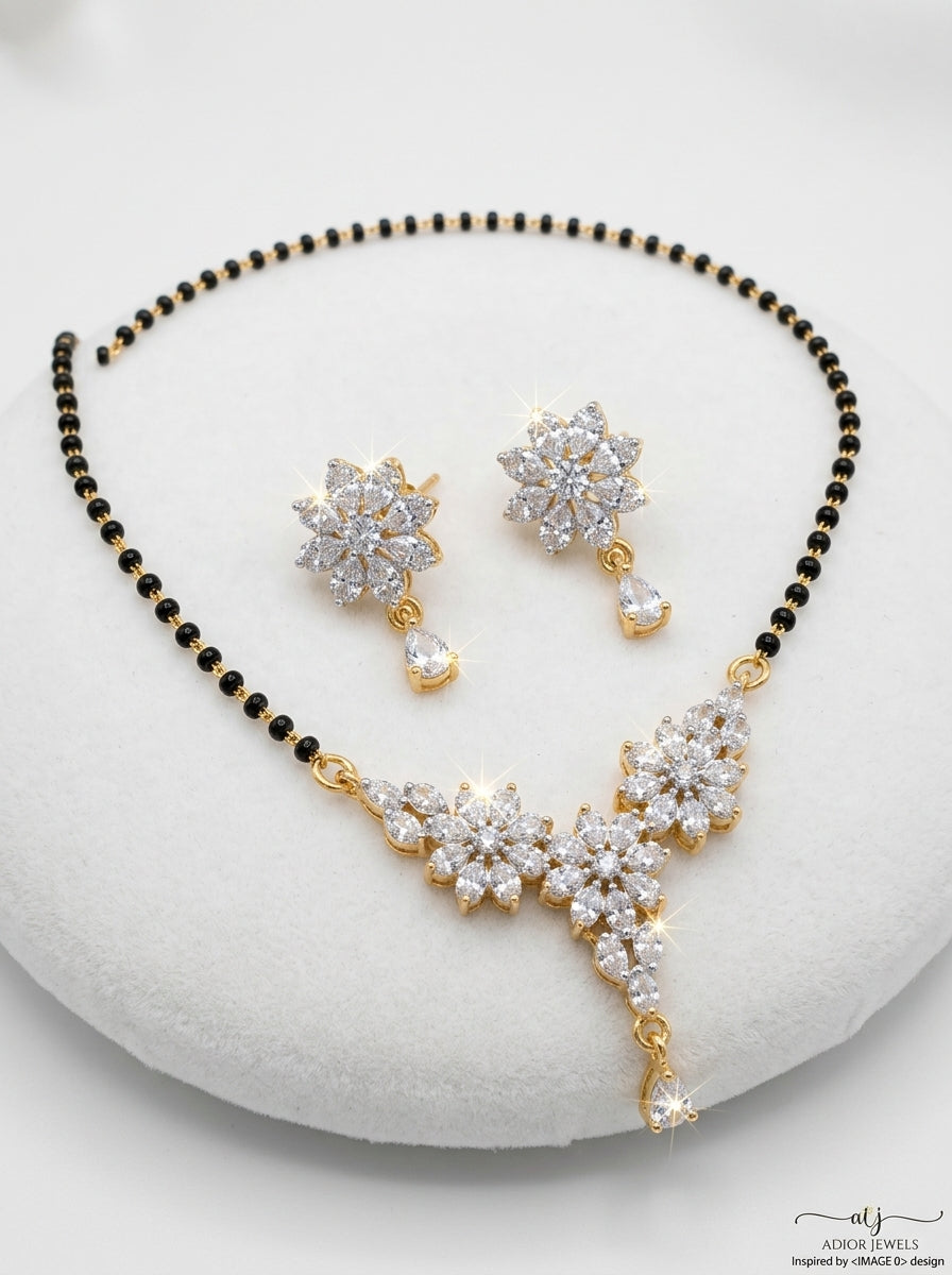 American Diamond Mangalsutra Set with  Earrings | CZ Stone Floral Design |  Gold Plated Chain | Traditional & Modern  Look | Perfect for Daily Wear & Special  Occasions | Free Size