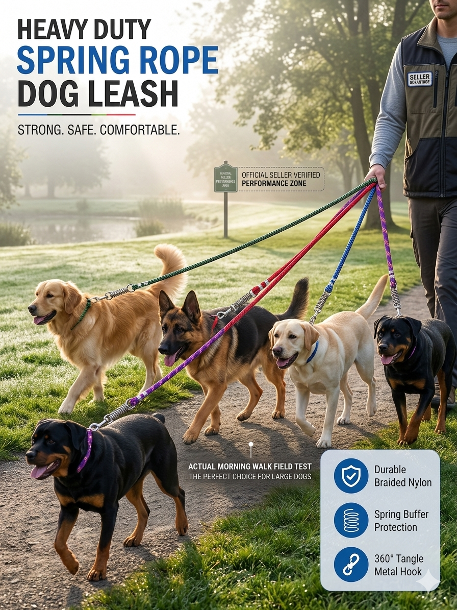 Heavy Duty Dog Leash with Shock Absorbing Spring | 360° Tangle-Free Metal Hook | Strong Nylon Training Leash for Large Dogs | 1.5 Meter