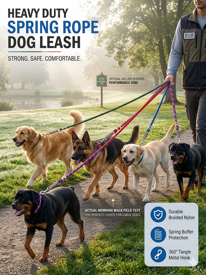 Heavy Duty Dog Leash with Shock Absorbing Spring | 360° Tangle-Free Metal Hook | Strong Nylon Training Leash for Large Dogs | 1.5 Meter