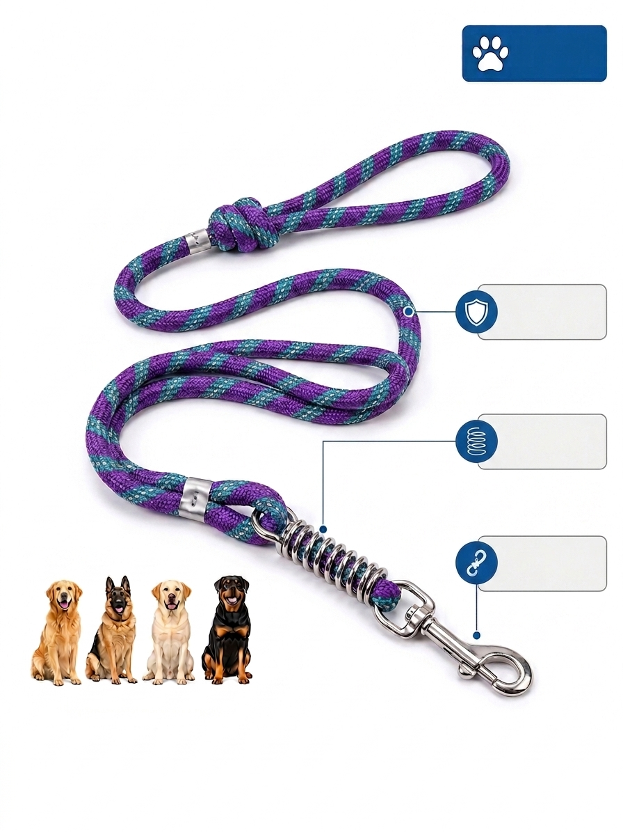 Heavy Duty Dog Leash with Shock Absorbing Spring | 360° Tangle-Free Metal Hook | Strong Nylon Training Leash for Large Dogs | 1.5 Meter
