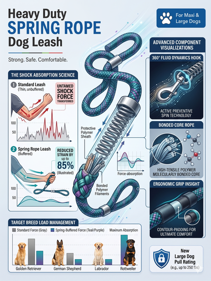 Heavy Duty Dog Leash with Shock Absorbing Spring | 360° Tangle-Free Metal Hook | Strong Nylon Training Leash for Large Dogs | 1.5 Meter
