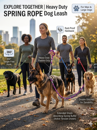 Heavy Duty Dog Leash with Shock Absorbing Spring | 360° Tangle-Free Metal Hook | Strong Nylon Training Leash for Large Dogs | 1.5 Meter