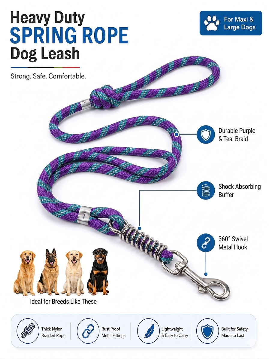 Heavy Duty Dog Leash with Shock Absorbing Spring | 360° Tangle-Free Metal Hook | Strong Nylon Training Leash for Large Dogs | 1.5 Meter