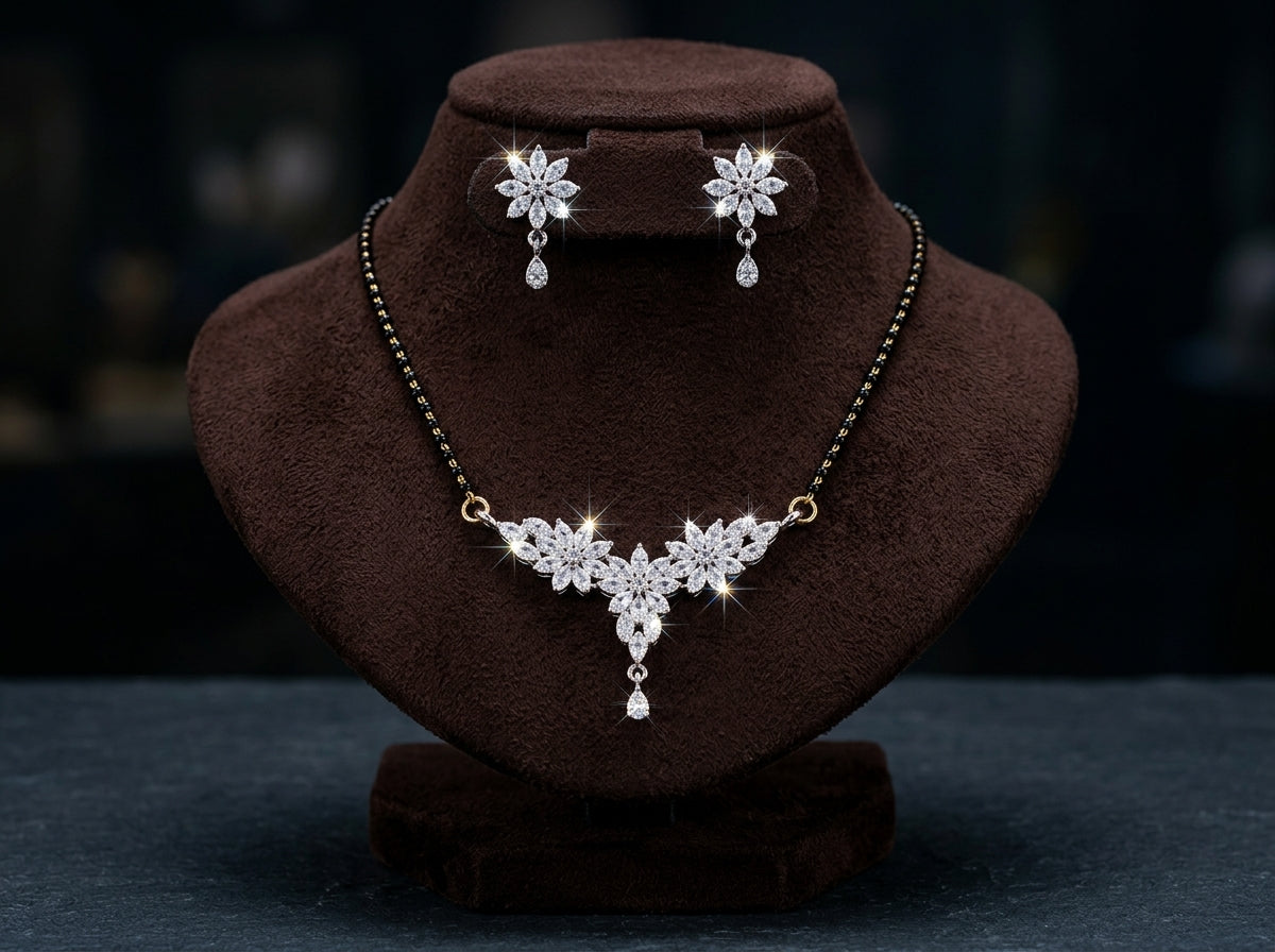 American Diamond Mangalsutra Set with  Earrings | CZ Stone Floral Design |  Gold Plated Chain | Traditional & Modern  Look | Perfect for Daily Wear & Special  Occasions | Free Size