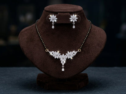 American Diamond Mangalsutra Set with  Earrings | CZ Stone Floral Design |  Gold Plated Chain | Traditional & Modern  Look | Perfect for Daily Wear & Special  Occasions | Free Size