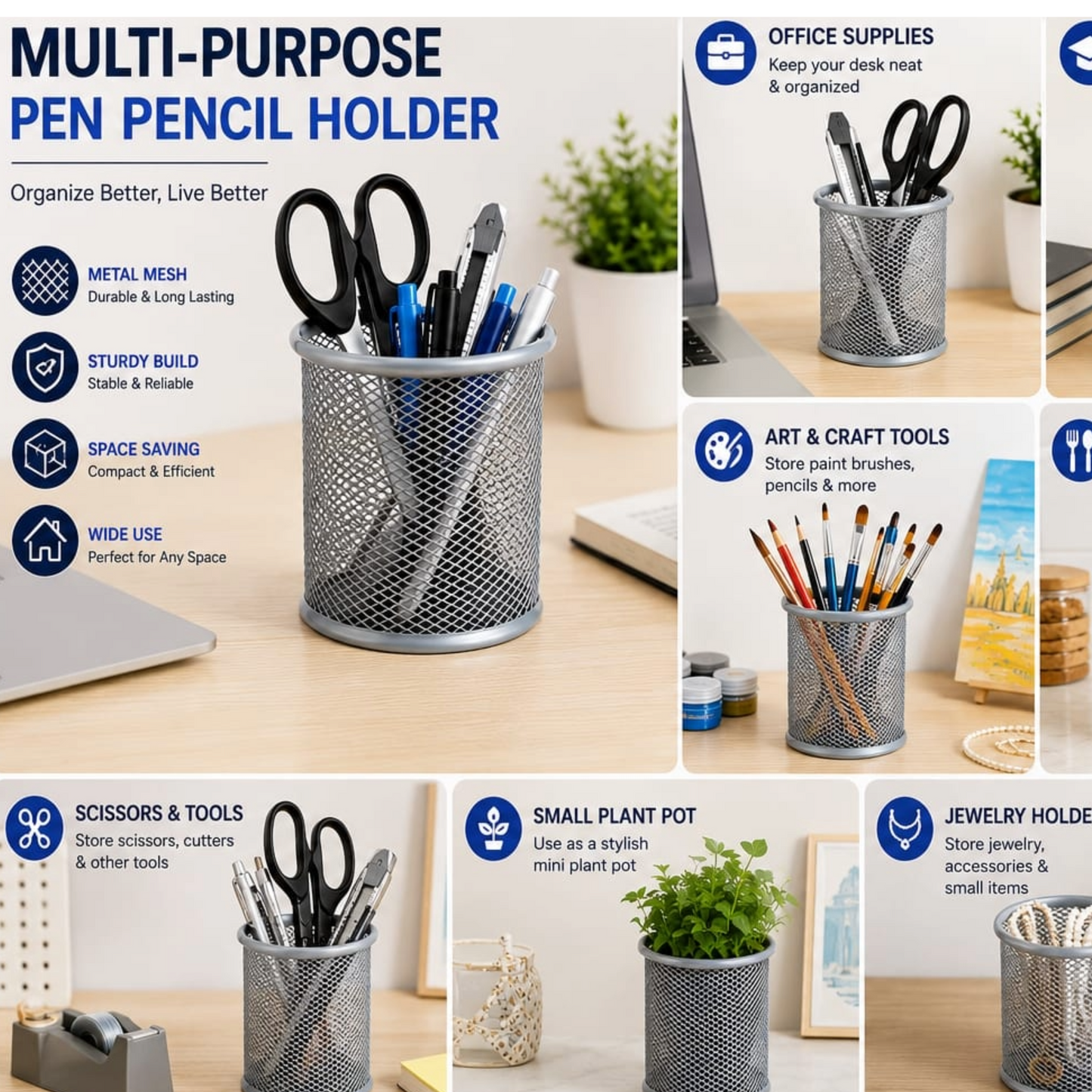 Metal Mesh Desk Organizer Pen Holder |  Pack of 2 | Pencil Stand for Office,  Study Table & Home | Wire Mesh  Stationery Holder | Multipurpose  Organizer | Silver
