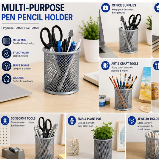 Metal Mesh Desk Organizer Pen Holder |  Pack of 2 | Pencil Stand for Office,  Study Table & Home | Wire Mesh  Stationery Holder | Multipurpose  Organizer | Silver