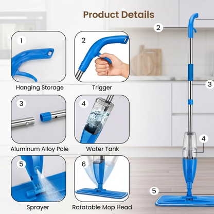 Spray Mop for Floor Cleaning with Refillable Water Tank | Washable Microfiber Pad | Stainless Steel Handle | 360° Rotating Head | Wet & Dry Mop for Tile, Marble, Wood & Laminate Floors