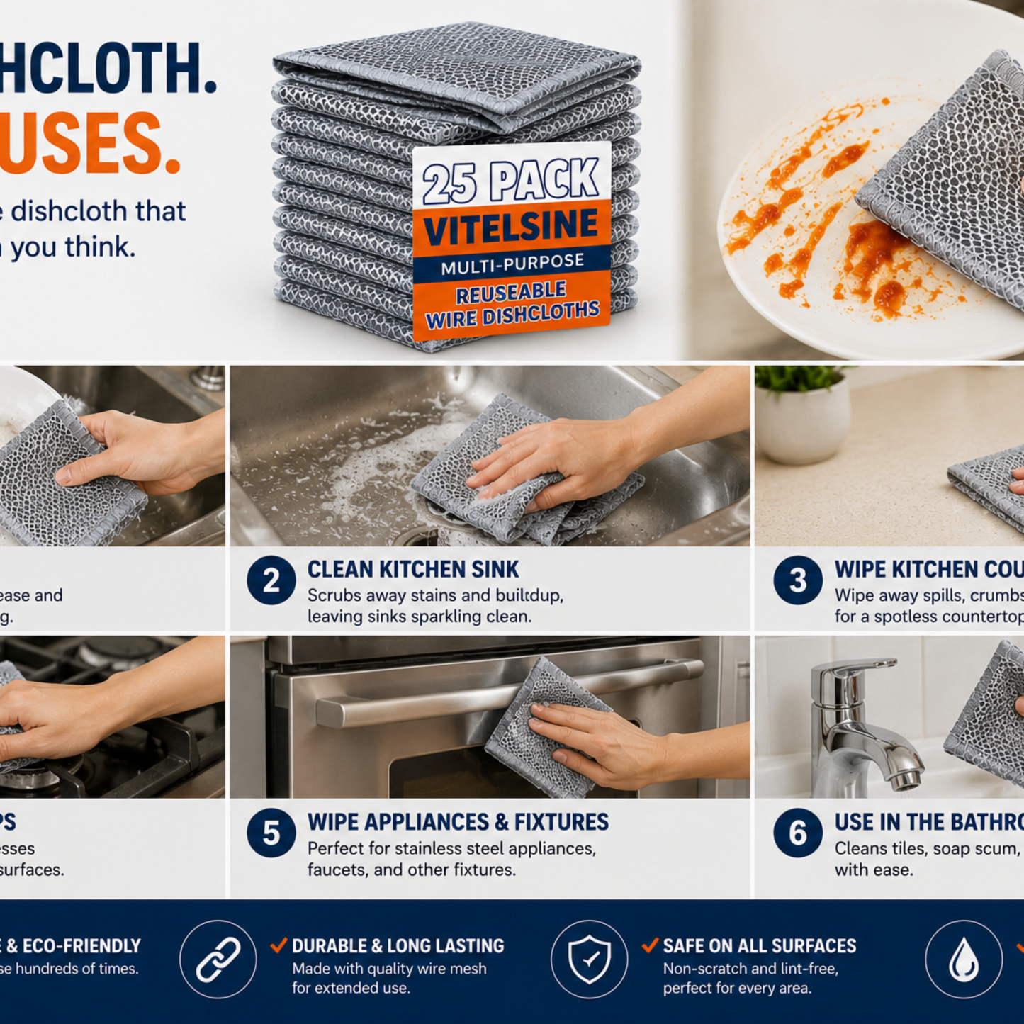 Wire Dishcloths for Kitchen Cleaning (Pack of 25) | Reusable Stainless Steel Wire Mesh Cleaning Cloth | Non-Scratch Scrubber for Dishes, Pots, Pans, Sinks & Cooktops