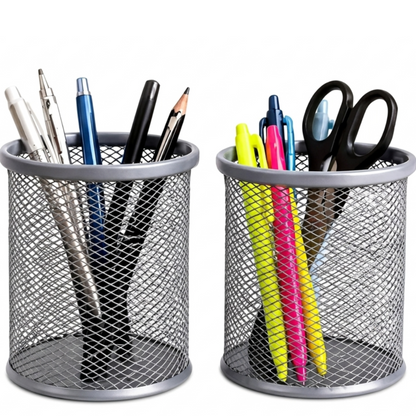 Metal Mesh Desk Organizer Pen Holder |  Pack of 2 | Pencil Stand for Office,  Study Table & Home | Wire Mesh  Stationery Holder | Multipurpose  Organizer | Silver
