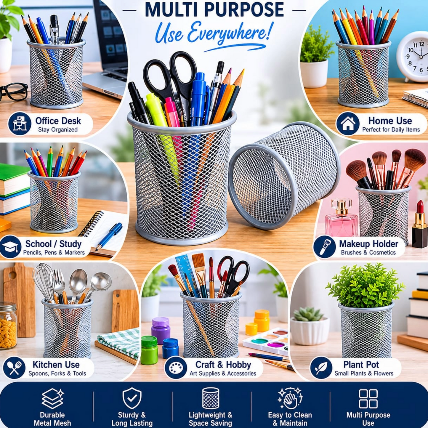 Metal Mesh Desk Organizer Pen Holder |  Pack of 2 | Pencil Stand for Office,  Study Table & Home | Wire Mesh  Stationery Holder | Multipurpose  Organizer | Silver
