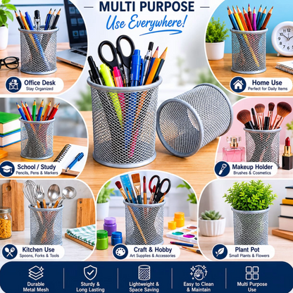 Metal Mesh Desk Organizer Pen Holder |  Pack of 2 | Pencil Stand for Office,  Study Table & Home | Wire Mesh  Stationery Holder | Multipurpose  Organizer | Silver