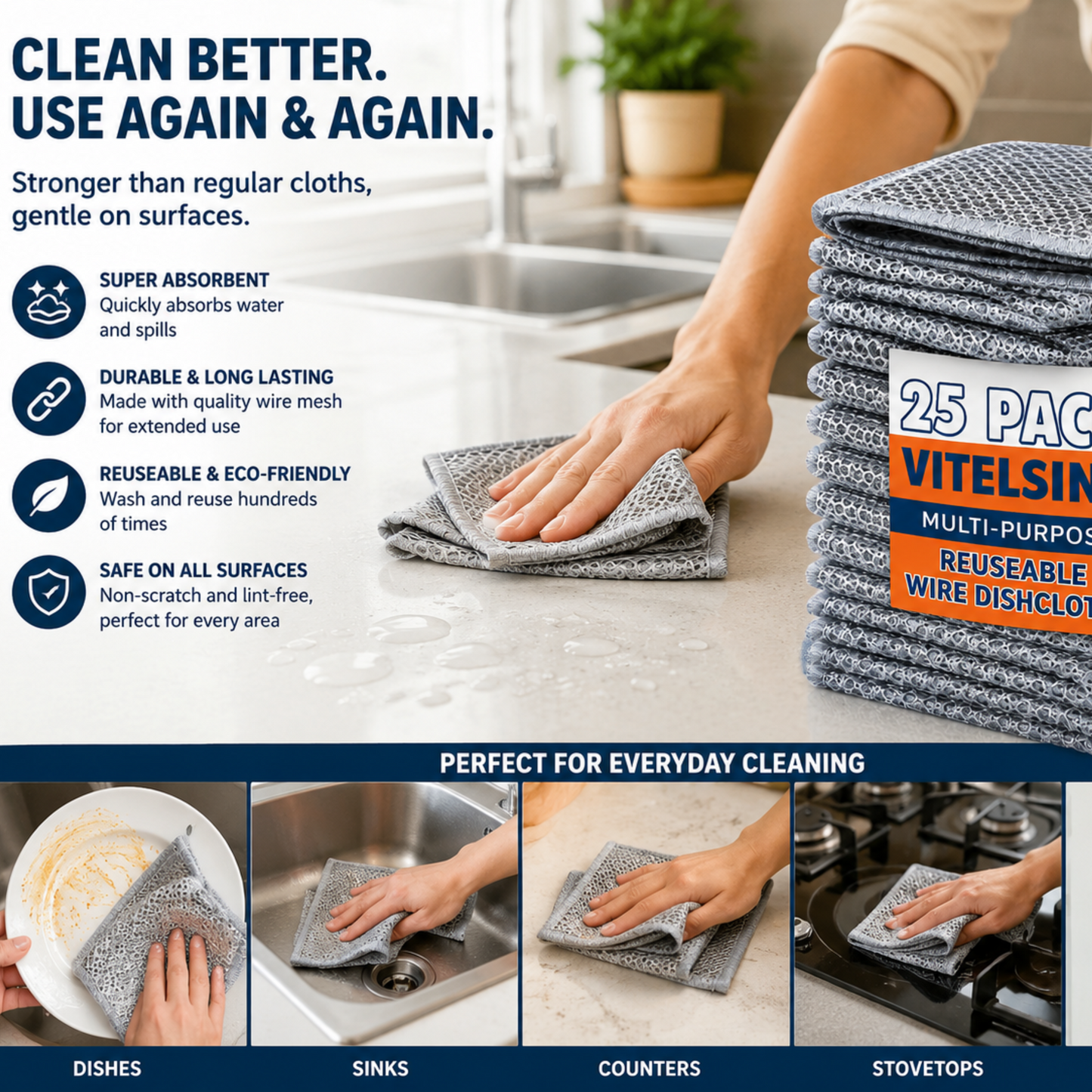 Wire Dishcloths for Kitchen Cleaning (Pack of 25) | Reusable Stainless Steel Wire Mesh Cleaning Cloth | Non-Scratch Scrubber for Dishes, Pots, Pans, Sinks & Cooktops
