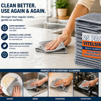 Wire Dishcloths for Kitchen Cleaning (Pack of 25) | Reusable Stainless Steel Wire Mesh Cleaning Cloth | Non-Scratch Scrubber for Dishes, Pots, Pans, Sinks & Cooktops