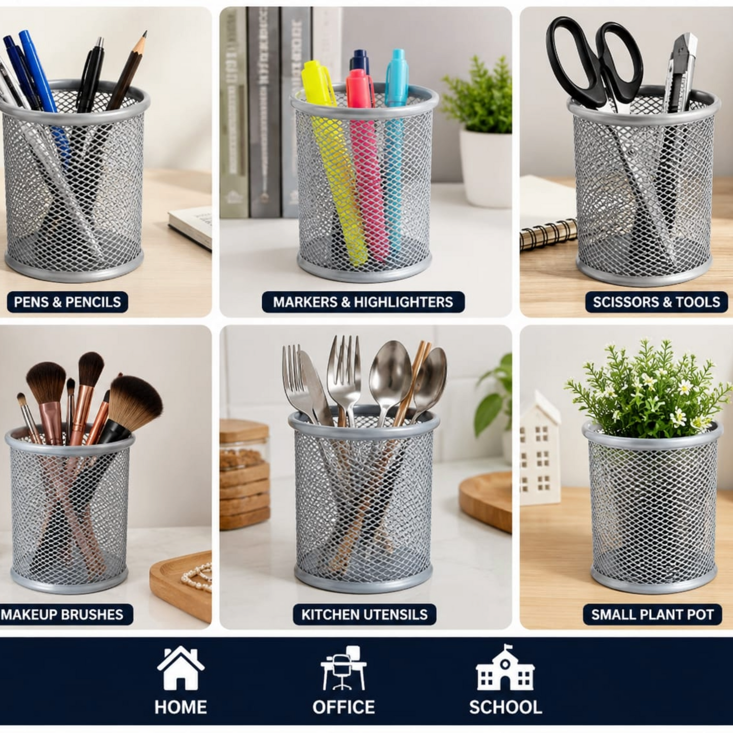 Metal Mesh Desk Organizer Pen Holder |  Pack of 2 | Pencil Stand for Office,  Study Table & Home | Wire Mesh  Stationery Holder | Multipurpose  Organizer | Silver