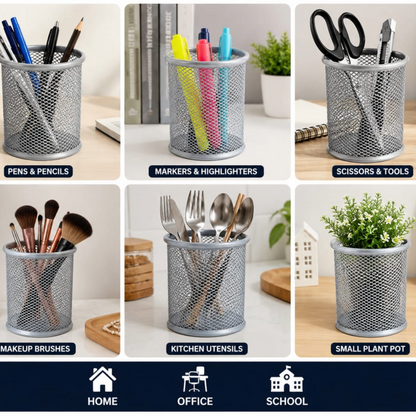 Metal Mesh Desk Organizer Pen Holder |  Pack of 2 | Pencil Stand for Office,  Study Table & Home | Wire Mesh  Stationery Holder | Multipurpose  Organizer | Silver