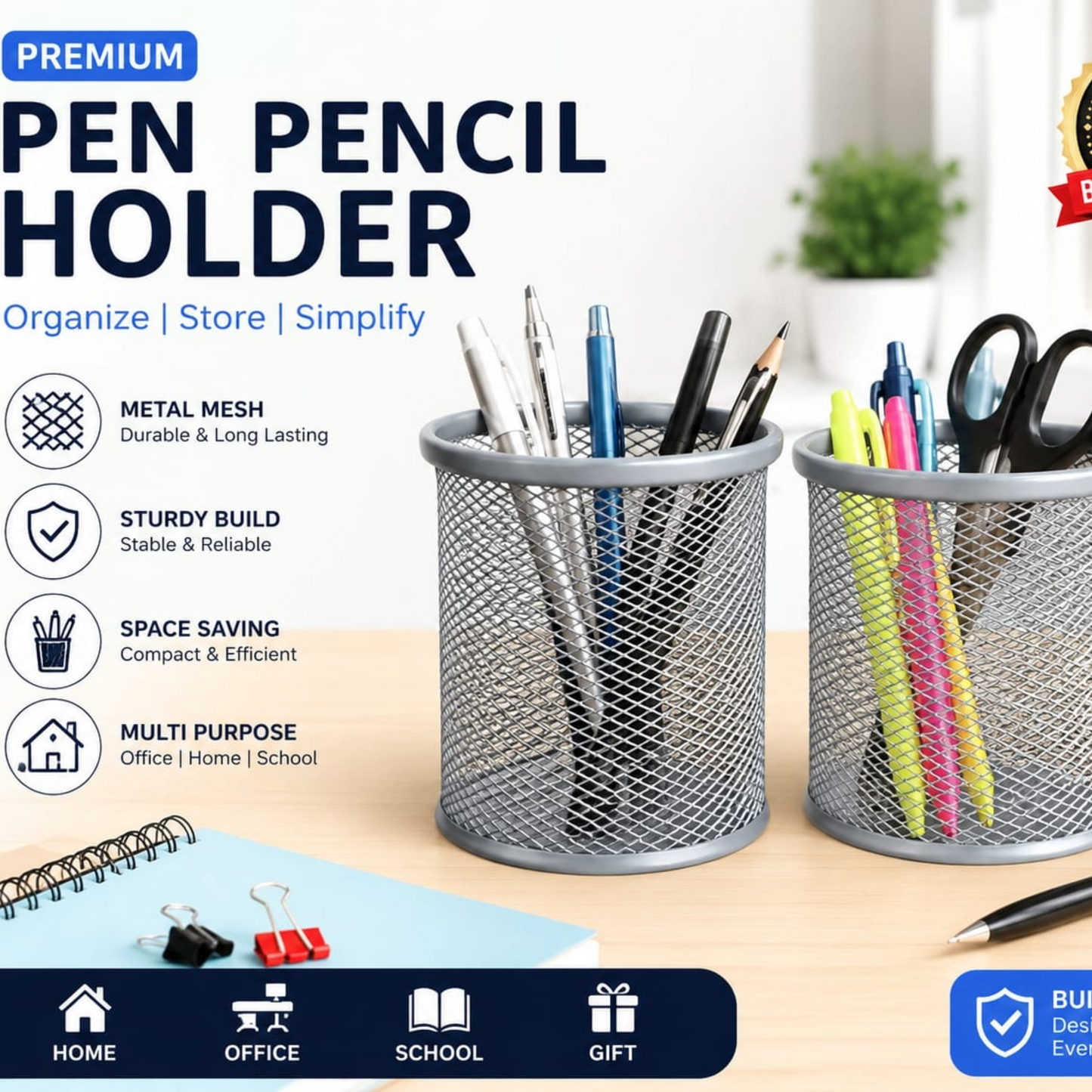 Metal Mesh Desk Organizer Pen Holder |  Pack of 2 | Pencil Stand for Office,  Study Table & Home | Wire Mesh  Stationery Holder | Multipurpose  Organizer | Silver